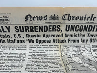 Original World War Two Newspaper, News Chronicle, 9 September 1943, Italy Surrenders!