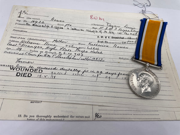 Original World War One British War Medal, Pte Howes, 2/South African Infantry, Gassed and Died