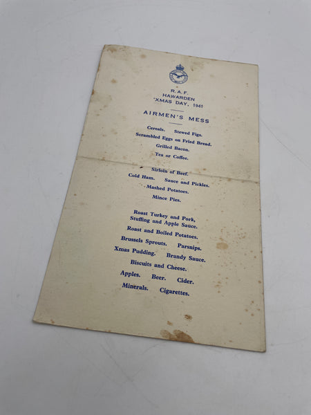 Original R.A.F. Hawarden Christmas Menu, 1941