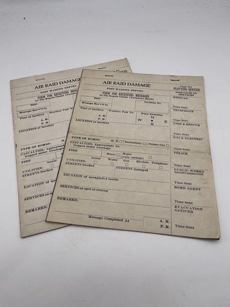 Original World War Two American Air Ward Warden Raid Report Forms